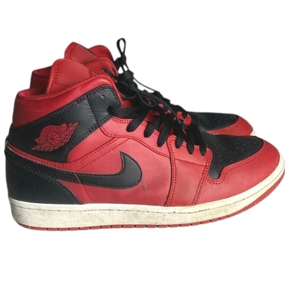 Nike Air Jordan 1 Mid Basketball Shoes Mens 10.5 Red Black High Sneaker Athletic